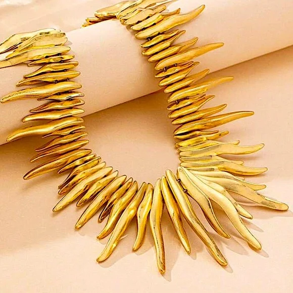 Gold Fringe Statement Choker Tassel Spiked Necklace - Picture 3 of 6